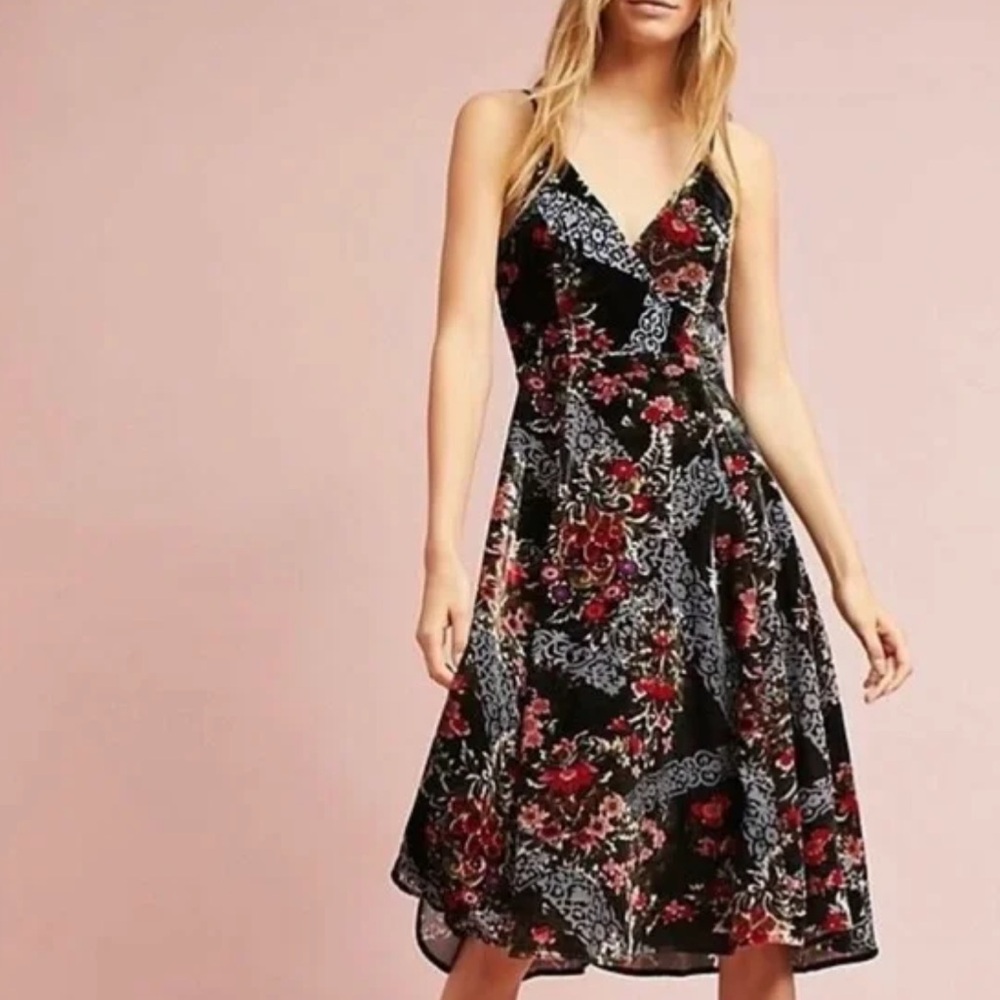 Anthropologie NWT Eri & Ali Black Floral on Burn Out Velvet Slip Dress 2 Midi